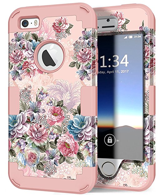 iPhone 5s Phone Case, Hocase Drop Protection Shockproof Silicone Rubber Bumper Hard Shell Hybrid Dual Layer Full-Body Protective Case for Apple iPhone 5/5s/SE - Peony Floral Print / Rose Gold