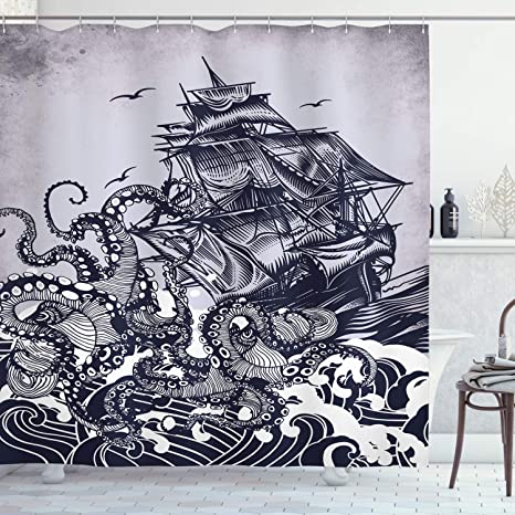 Ambesonne Nautical Shower Curtain, Kraken Octopus Tentacles with Ship Sail Boat in Ocean Waves, Cloth Fabric Bathroom Decor Set with Hooks, 75" Long, Blue