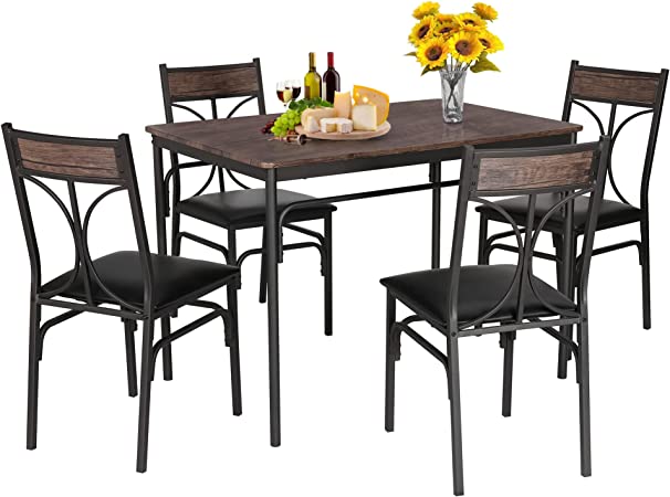 VECELO 5 Piece Kitchen Table Set for Dining Room,Dinette,Breakfast Nook,Industrial Style 4, Vintage Brown