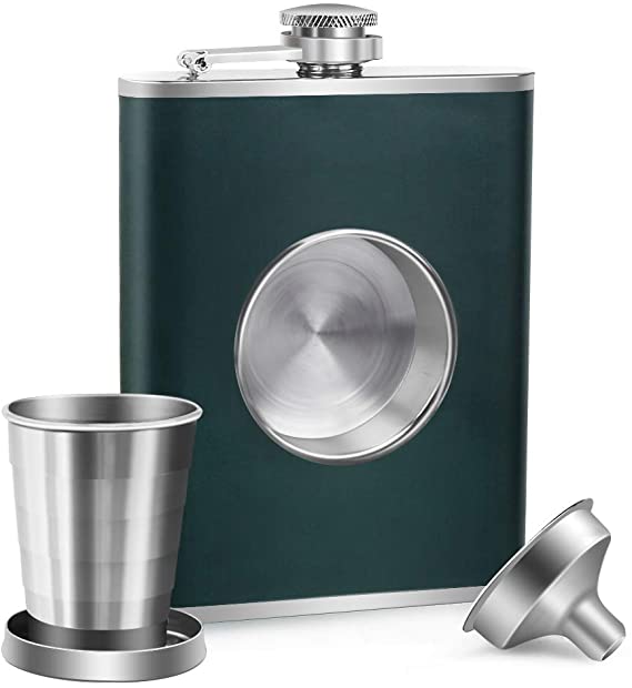 KWANITHINK Hip Flasks for Men, Stainless Steel Leather Hip Flask 8 oz Built in 2 oz Collapsible Shot Glass & Funnel, Ideal Whiskey Flask Gift for Father's Day (Green)