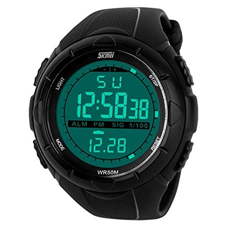 TONSHEN Mens Military Digital Sport Watch LED Waterproof Outdoor Electronic Backlight Multifunction 12/24H Alarm Stopwatch 164FT 50M Water Resistant Watches,Black
