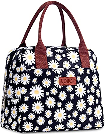 DIIG Lunch Box for Women, Insulated Lunch Bags for Women, Large Cooler Tote For Work, Floral Reusable Snack Bag with Pocket, Sunflower Printing/Gray/Black/White (Daisy 1)