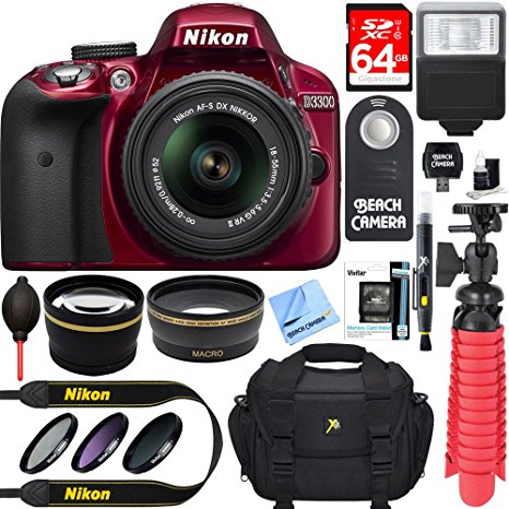 Nikon D3300 24.2 MP DSLR Camera   AF-S DX 18-55mm VR II Lens Kit   Accessory Bundle 64GB SDXC Memory   SLR Photo Bag   Wide Angle Lens   2x Telephoto Lens   Flash   Remote   Tripod   Filters (Red)