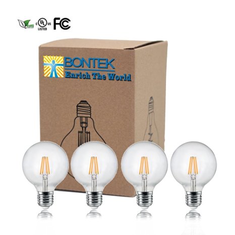 4 Pack - BONTEK G80/G25 Vintage Edison LED Filament Bulbs E26 Base 6Watt Euiqvalent 50Watt Warm White 550 Lumens - Dimmable
