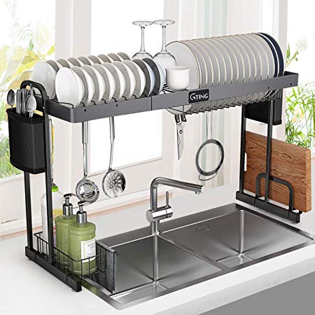 Over Sink Dish Rack, G-TING Expandable Dish Drying Rack (27.5”- 33.5”), Large Dish Drainer Shelf with Utensil Holder, Over the Sink Kitchen Stainless Steel Storage Rack Space Saver Display Stand