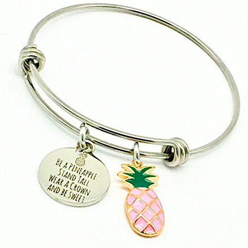 Be a Pineapple, Stand Tall Wear a Crown, Pink Tropical Inspirational Bangle Bracelet