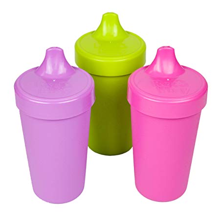 Re-Play Made in The USA 3pk No Spill Sippy Cups for Baby, Toddler, and Child Feeding - Purple, Green, Bright Pink (Butterfly) Durable, Dependable and Toddler Tough
