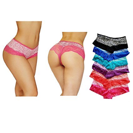 Sexy printed lace trim cotton hipsters boy shorts pack of 6 different zebra Colors