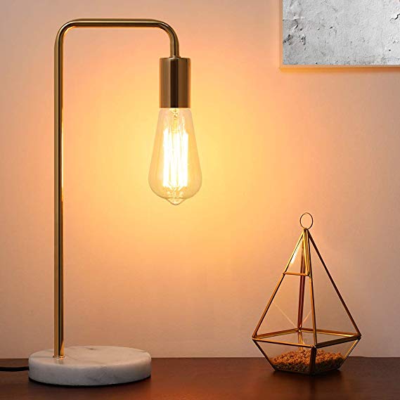 Desk Lamp, Gold Table Lamp Industrial Nightstand Lamp, Edison Lamp with White Marble Base for Bedside, Living Room, Bedroom, Office, Dresser, Collage Dorm Room