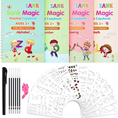 4 Pieces English Magic Practice Copybook Children Handwriting Magic Writing Paste Before School Kids Number Math Alphabet Drawing Magic Calligraphy with 12 Templates, Pens Set for Kids (Classic style)