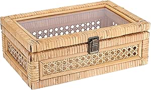 Hipiwe Rattan Display Box with Clear Lid Rectangular Wicker Storage Basket Bin with Metal Secure Latch Handwoven Natural Rattan Decorative Box Small Shelf Organizer Basket for Snacks Remotes