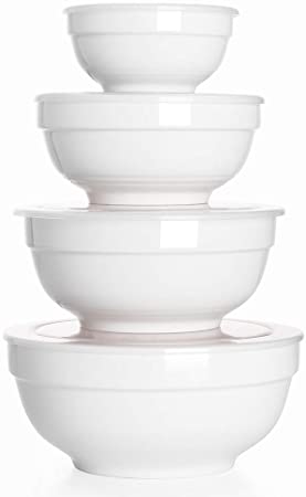 DOWAN Ceramic Serving Bowls, 1900ml/1250ml/650ml/350ml Nesting Bowls, Small Mixing Bowls with Lid, Microwave and Dishwasher Safe, Porcelain Prep Bowls for Kitchen, White