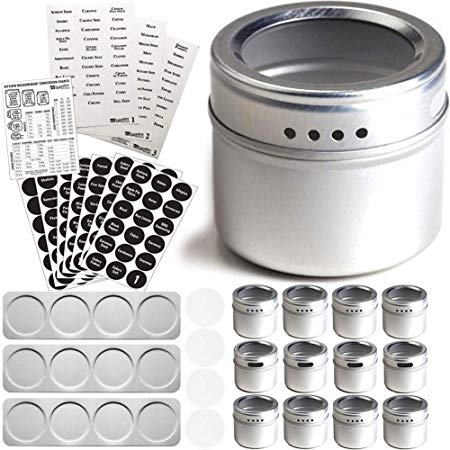 12 Magnetic Spice Tins with Wall Plate Racks & 2 Types of Spice Labels by Talented Kitchen. 12 Storage Magnet Spice Containers, Window Top w/Sift-Pour. 3 Metal Wall Base. 240 Preprinted Spice Stickers