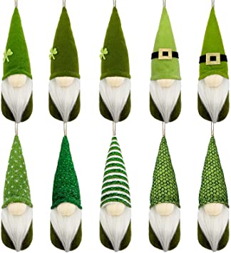 10Pcs St Patrick Day Hanging Gnome Ornaments, Plush Leprechaun Gnomes Tomte for Spring St. Patrick's Day Holiday Tree Home Decorations