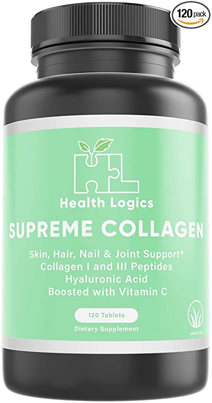 Health Logics Supreme Collagen, 6,000mg Collagen Types 1 and 3, Hyaluronic Acid, and Vitamin C, 120 Tablets, Healthy Joint & Skin, Anti-Aging Formula