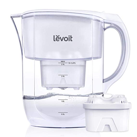 LEVOIT Water Filter Jug with 1 Filter, 2.5L Large Water Purifier (BPA Free) with Electronic Filter Reminder, 5-Layer Water Filtration for Reducing Chlorine, Lead, Alkaline, Heavy Metals and Odour