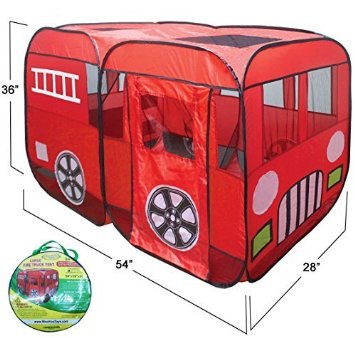Large Red Fire Truck Pop-Up Play Tent - Fire Engine with Side Door Entrance for Boys or Girls for Indoor or Outdoor Use By WooHoo Toys