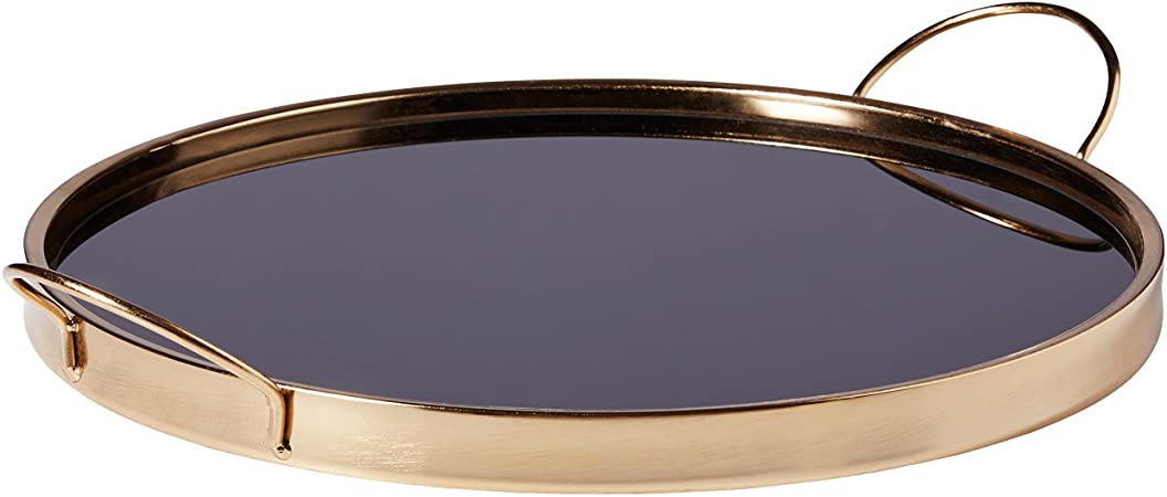 Rivet Contemporary Decorative Round Metal Serving Tray - 17.5 Inch, Black and Gold