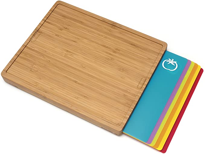 Lipper International 8869 Bamboo Wood Cutting Board with 6 Colored Poly Inlay Mats, 16" x 13-1/8" x 1-5/8"