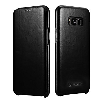 Galaxy S8 Plus Leather Case Icarer Genuine Vintage Leather Flip Folio Opening Cover in Curved Edge Design Side Open Case with Hidden Magnetic Snap for Samsung Galaxy S8 Plus 6.2 Inch (Black)