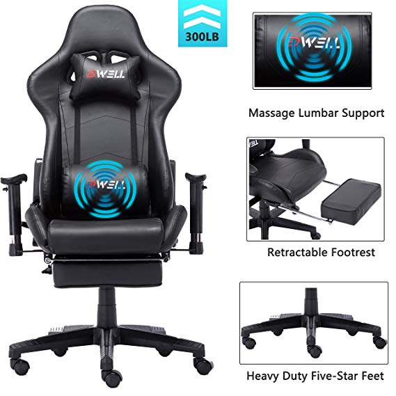 EDWELL Ergonomic Gaming Chair with Headrest and Lumbar Massage Support，Racing Style PC Computer Chair Height Adjustable Swivel with Retractable Footrest Executive Office Chair (Black)