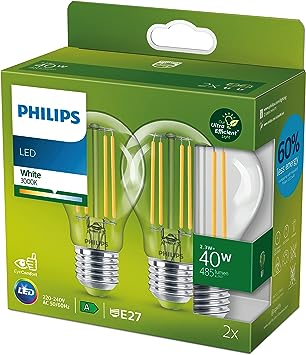 PHILIPS LED Ultra Efficient Light Bulb 2 Pack A Label Energy Rating [White 3000K - E27 Edison Screw] 40W A60 Clear. for Home Lighting.