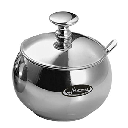 Newness Stainless Steel Sugar Bowl with Lid and Sugar Spoon for Home, Drum Shape, 9.0 Ounces(270 Milliliter)