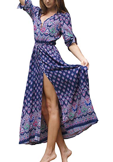 R.Vivimos Women's Summer Button Up Floral Print Split Beach Maxi Dresses