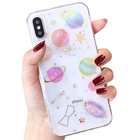 BOFTALE Clear Case for iPhone XR, Handmade Glitter Bling Sparkle Design with Gold Moon Stars Slim Soft TPU Case Compatible with iPhone XR 6.1 Inch