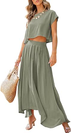 Dokotoo Dresses for Women 2 Piece Summer Outfits Crewneck Tops and Maxi Skirt Dress Sets