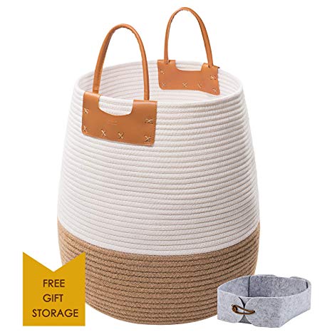 Large Rope Storage Basket, 17x17”Decorative Blanket Jute Cotton Basket Tall Woven Laundry Basket for Living Room, Toys Storage, Round White Laundry Hamper with Handles, Use for Toys, Towels or Nursery