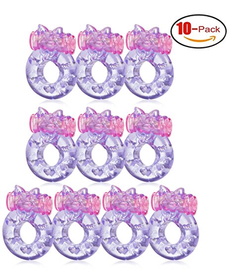 Sexy Slave [10-Pack] Rabbit Vibrating Cock Ring - Stretchy Penis Ring - Clitorial Stimulation for Women - Adult Sex Toys for Couples, Pink or Purple