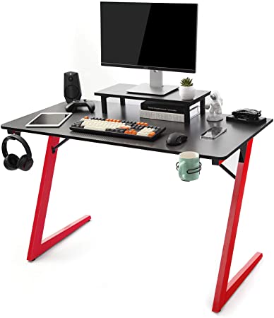 TOPSKY Gaming Desk Home Office Gaming Table with Cup Holder Headphone Hook Z Shaped Leg (47.2”, Black Red)