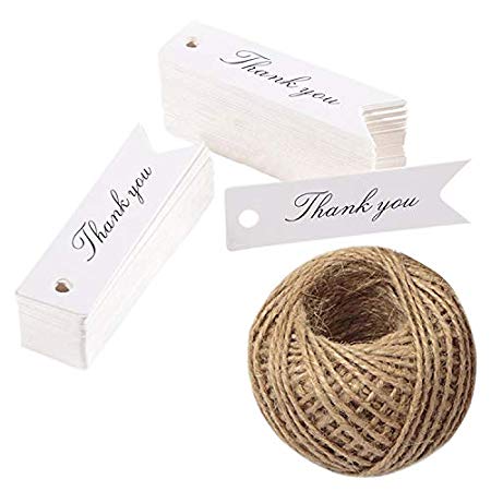 Thank You Gift Tags,100PCS''Thank You''Printed Gift Tags,Small Kraft Paper Hang Labels, Thanksgiving Craft Tags for Wedding or Father's Day Favors with 100 feet Jute Twine (White)