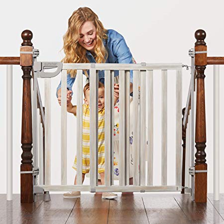 Summer Infant Banister & Stair Safety Gate with Extra Wide Door, Wood, 33" - 46", Birch Stain with Gray Accents, 33-46"