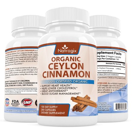Natrogix 1200mg Organic Ceylon Cinnamon - Best Cinnamomum Verum Antioxidant Formula Helps Balance Blood Sugar Level, Promotes Heart Health & Weight Loss, Made in USA (200 Capsules).