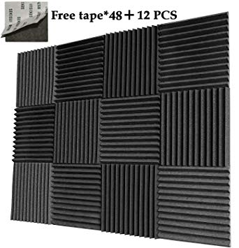 12-Pack Acoustic Panels Studio Foam Wedges Sound Proof Foam Dampening Noise Acoustic Panels Sound Deadening Foam Insulation Absorbing 1" X 12" X 12" (Wave/Charcoal-12 Pcs)