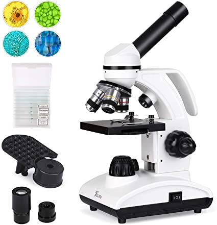 TELMU Microscope For Kids And Students In Home&School Gift Package Awarded 40X-1000X Compound Monocular Microscopes Dual Adjustable Illumination With Handle (10 Slides&Phone adapter included)