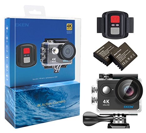 EKEN H9R 4K Action Camera, Full HD Wifi Waterproof Sports Camera with 4K/2.7K/ 1080P60/ 720P120fps Video, 12MP Photo and 170 Wide-Angle Lens, includes 17 Mountings Kit, 2 Batteries (Black)