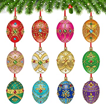 12 Pcs Christmas Egg Ornament Colorful Vintage Christmas Decorative Egg Hanging Ornaments Wooden Egg Shaped Ornament for Home Christmas Tree Decoration