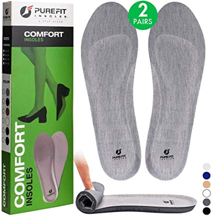 PureFit Shoe Insoles for Women, 2 Pairs Comfortable, Slim Soft Cushion Memory Foam PU Rebound Shoe Inserts, Antibacterial Boot, Flat Sneaker Arch Support Insole, Relieve Foot Pain Fatigue (Grey, L)