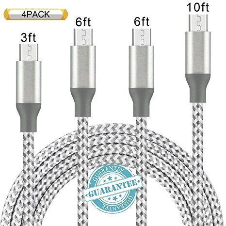 DANTENG Micro USB Cable 4Pack 3FT 6FT 6FT 10FT Premium Nylon Braided Android Cable High Speed USB 2.0 A Male to Micro B Sync Cord for Android, Samsung, HTC, Nokia, Sony and More - Grey White