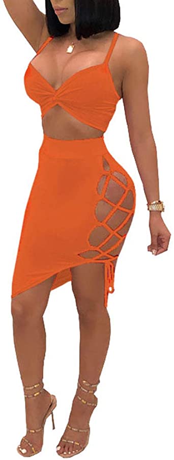 Women's Sleeveless Sexy Club Party Bandage Dresses Spaghetti Strap Two Piece Clubwear Crop Top   Lace Up Skirt