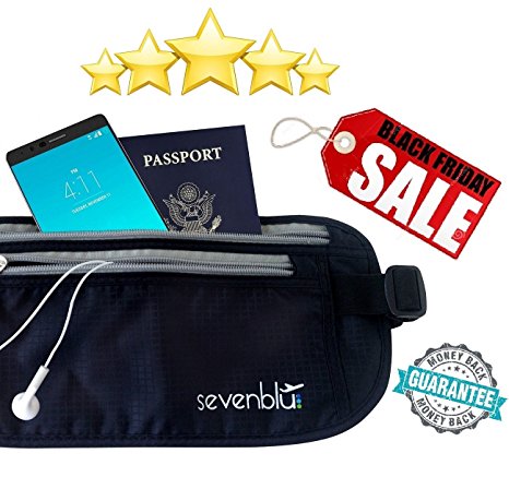 SevenBlu - Premium Breathable Travel Money Belt and Passport Holder - With Anti-Theft RFID Blocking Technology - Protect Your Cash, Credit Cards, IDs, Document & Phone with this Secret Hidden Waist Pack Bag - Perfect Undercover Wallet Pouch for Men & Women - Great Luggage / Travel Accessory - 100% MONEY BACK GUARANTEE