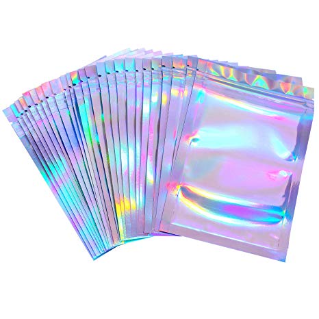 Blulu 100 Pieces Resealable Smell Proof Bags Foil Pouch Bag Flat Ziplock Bag for Party Favor Food Storage, Holographic Color (3.3 x 5.1 Inches)