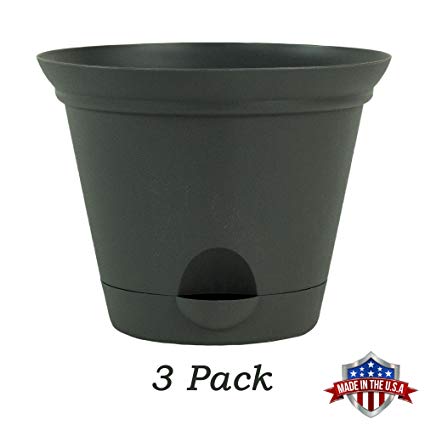 3 Pack 11.5 inch Flat Gray Plastic Self Watering Flare Flower Pot Or Garden Planter