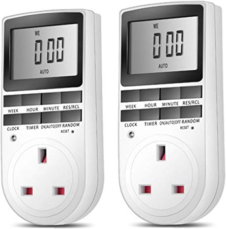 Kinoee TE02 Digital Light Timer Plug with 3-Prong Outlet, 24/7 Programmable for Indoor Electrical Switch with Anti-Theft Random and Countdown Option, 2 Packs (13A, 2900W)