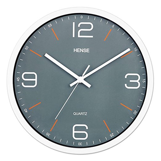 HENSE 12-Inch Modern Minimalist Kitchen / Living Room Round Wall Clock Silent Non-ticking Sweep Second Clocks w/ Metal Frame and Front Glass Cover HW01 (White Frame with Grey Dial)