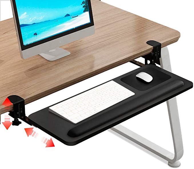 MUVTEENS Clamp on Keyboard Tray, Under Desk Drawer Adjustable Steady Keyboard Tray, Economic Upgraded Office Home Keyboard Stand for Small Desk No Screw into Desk (25.5"x10"Black-1)