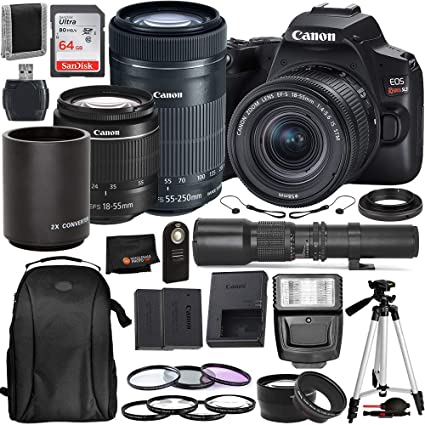 Canon EOS Rebel SL3 DSLR Camera (Black, 3453C002) with 18-55 is STM, 55-250mm is STM, 500mm Preset with T-Mount Adapter & Must Have Bundle: Includes – SanDisk Ultra 64GB SDXC Memory Card   More